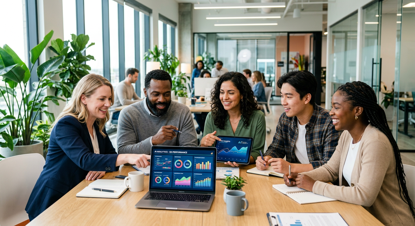 Diverse Team Collaborating with AI in Modern Office