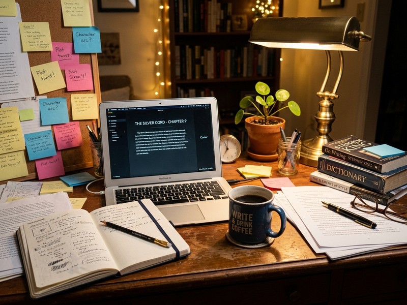 Writer's desk with laptop and creative workspace