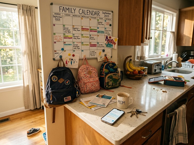 Family kitchen with calendar and schedules