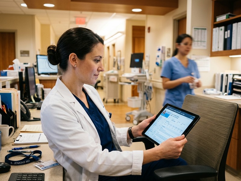 Healthcare professional reviewing charts